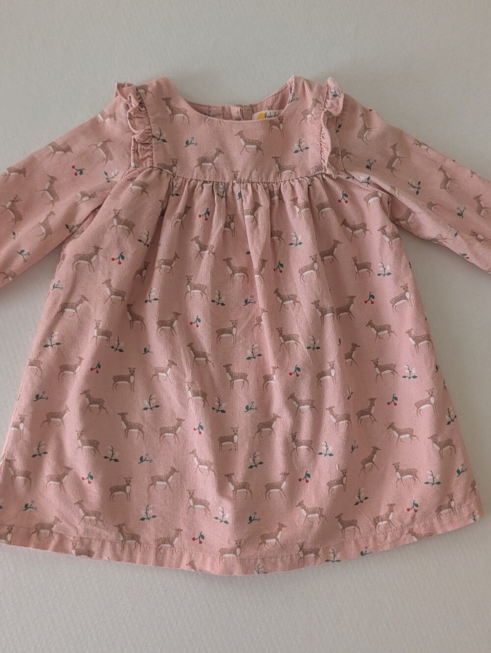 Baby Boden Deer Pink Long Sleeve 100% Cotton Dress 12-18M